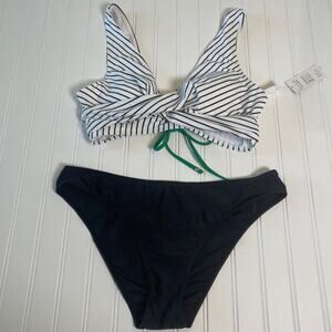 Cupshe Bikini NWT Women XL Black White Striped Twist Front Tie Back High Waist